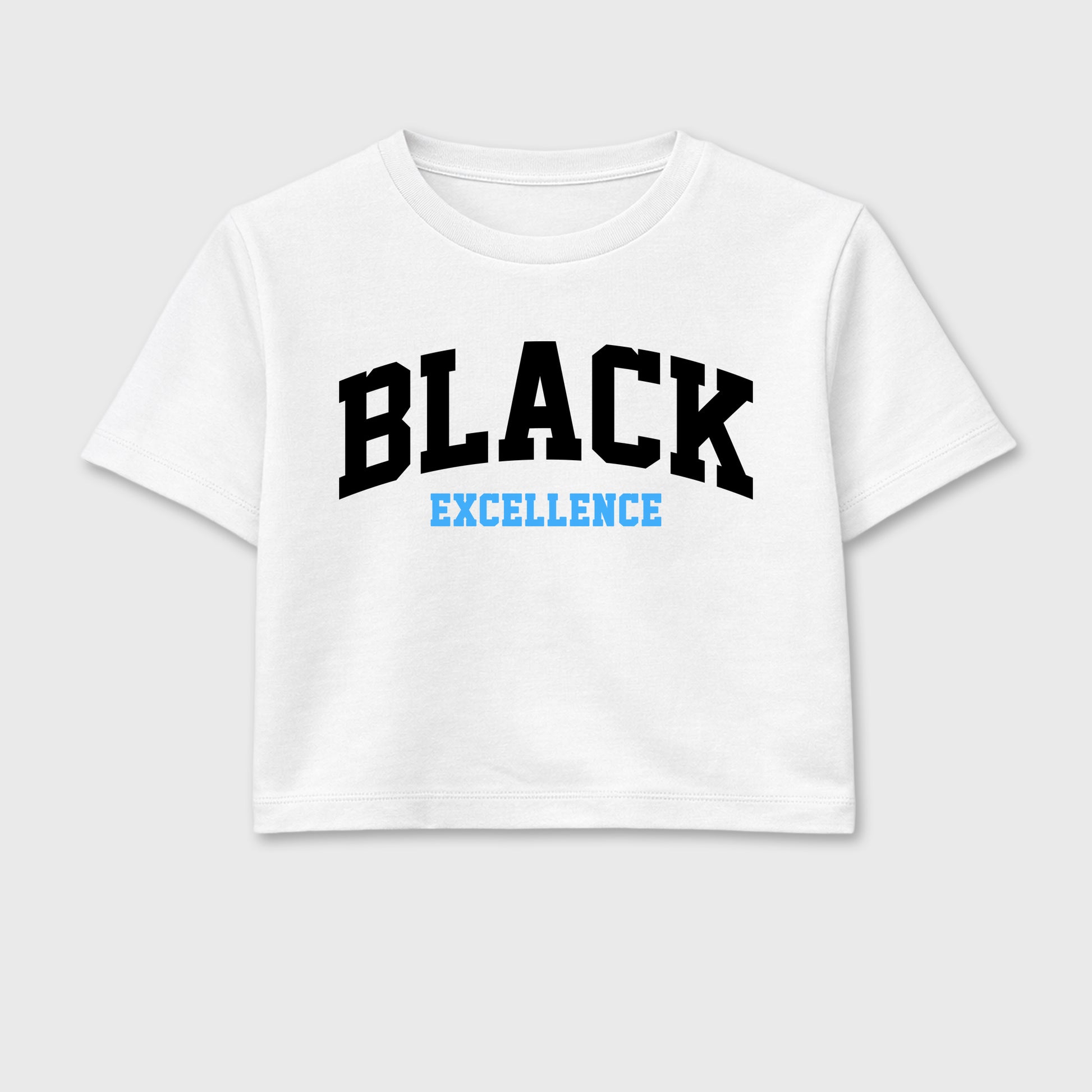 Varsity Black Excellence women’s crop tee designed to match the Air Jordan 5 Black University Blue, featuring coordinated White 2 options for a perfect streetwear vibe.