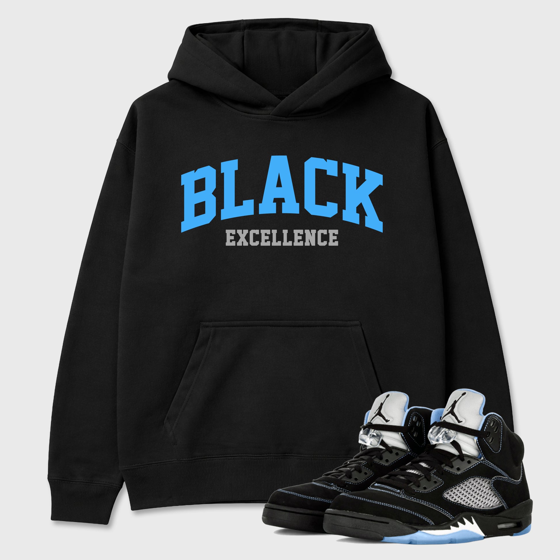 Varsity Black Excellence Graphic T-Shirt sneaker match tee designed for the Air Jordan 5 Black University Blue, featuring coordinated color options for a perfect streetwear match. Black 1 shirt.