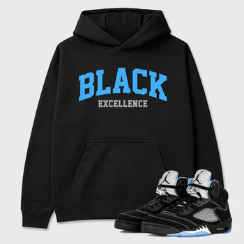 Varsity Black Excellence Graphic T-Shirt sneaker match tee designed for the Air Jordan 5 Black University Blue, featuring coordinated color options for a perfect streetwear match. Black 1 shirt.
