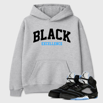 Varsity Black Excellence Graphic T-Shirt sneaker match tee designed for the Air Jordan 5 Black University Blue, featuring coordinated color options for a perfect streetwear match. Heather Grey 1 shirt.