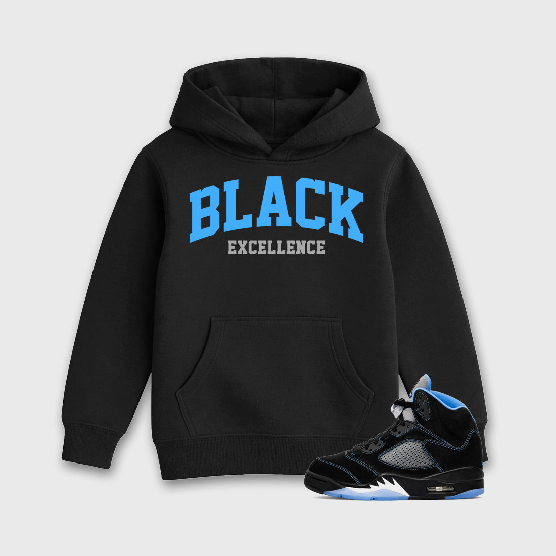 Varsity Black Excellence affordable baby and kids t-shirt designed to match the Air Jordan 5 Black University Blue, featuring coordinated Black 1 options for the perfect little sneakerhead streetwear look.