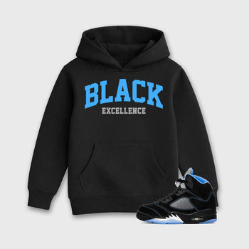 Varsity Black Excellence affordable baby and kids t-shirt designed to match the Air Jordan 5 Black University Blue, featuring coordinated Black 1 options for the perfect little sneakerhead streetwear look.