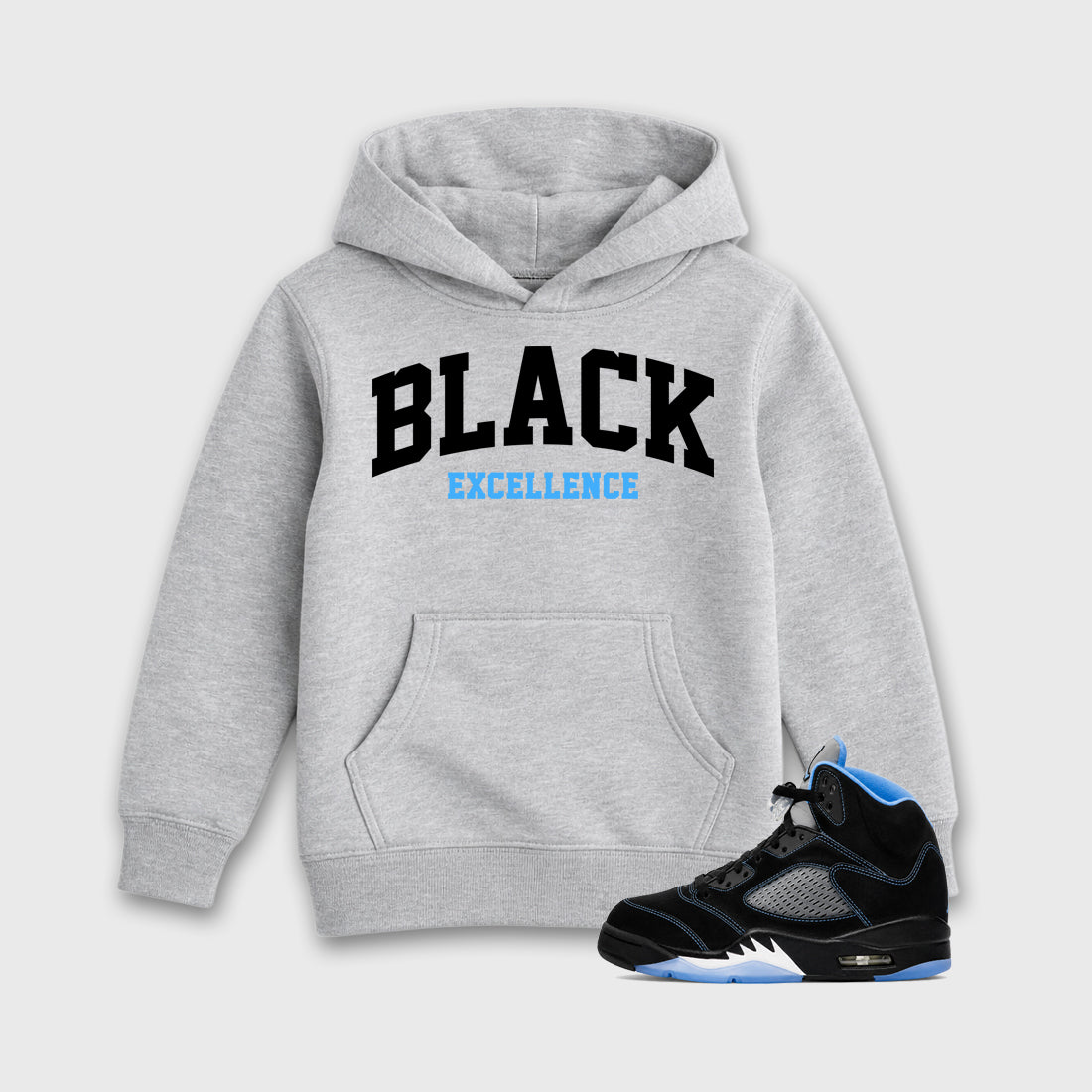 Varsity Black Excellence affordable baby and kids t-shirt designed to match the Air Jordan 5 Black University Blue, featuring coordinated Heather Grey 1 options for the perfect little sneakerhead streetwear look.