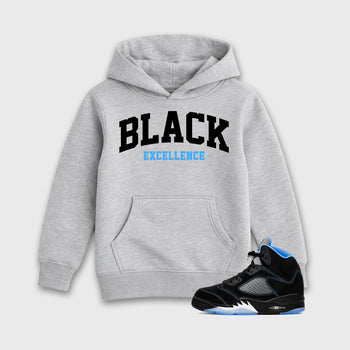 Varsity Black Excellence affordable baby and kids t-shirt designed to match the Air Jordan 5 Black University Blue, featuring coordinated Heather Grey 1 options for the perfect little sneakerhead streetwear look.