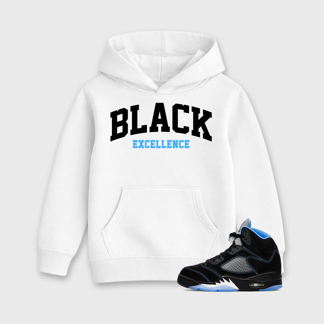 Varsity Black Excellence affordable baby and kids t-shirt designed to match the Air Jordan 5 Black University Blue, featuring coordinated White 1 options for the perfect little sneakerhead streetwear look.