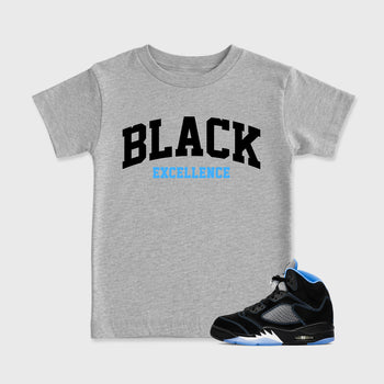 Varsity Black Excellence affordable baby and kids t-shirt designed to match the Air Jordan 5 Black University Blue, featuring coordinated Heather Grey 1 options for the perfect little sneakerhead streetwear look.