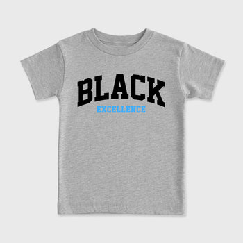 Varsity Black Excellence affordable baby and kids t-shirt designed to match the Air Jordan 5 Black University Blue, featuring coordinated Heather Grey 2 options for the perfect little sneakerhead streetwear look.