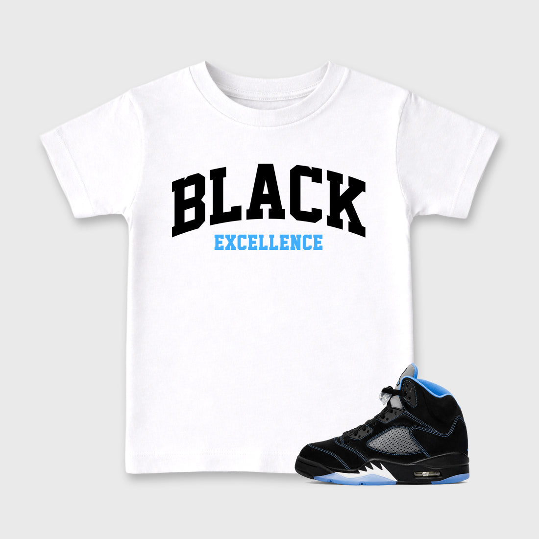 Varsity Black Excellence affordable baby and kids t-shirt designed to match the Air Jordan 5 Black University Blue, featuring coordinated White 1 options for the perfect little sneakerhead streetwear look.