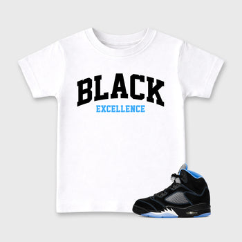 Varsity Black Excellence affordable baby and kids t-shirt designed to match the Air Jordan 5 Black University Blue, featuring coordinated White 1 options for the perfect little sneakerhead streetwear look.