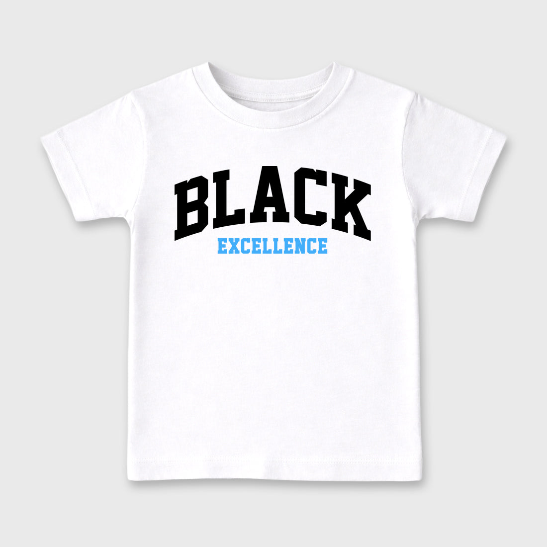 Varsity Black Excellence affordable baby and kids t-shirt designed to match the Air Jordan 5 Black University Blue, featuring coordinated White 2 options for the perfect little sneakerhead streetwear look.