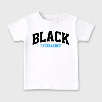 Varsity Black Excellence affordable baby and kids t-shirt designed to match the Air Jordan 5 Black University Blue, featuring coordinated White 2 options for the perfect little sneakerhead streetwear look.