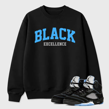 Varsity Black Excellence Graphic T-Shirt sneaker match tee designed for the Air Jordan 5 Black University Blue, featuring coordinated color options for a perfect streetwear match. Black 1 shirt.