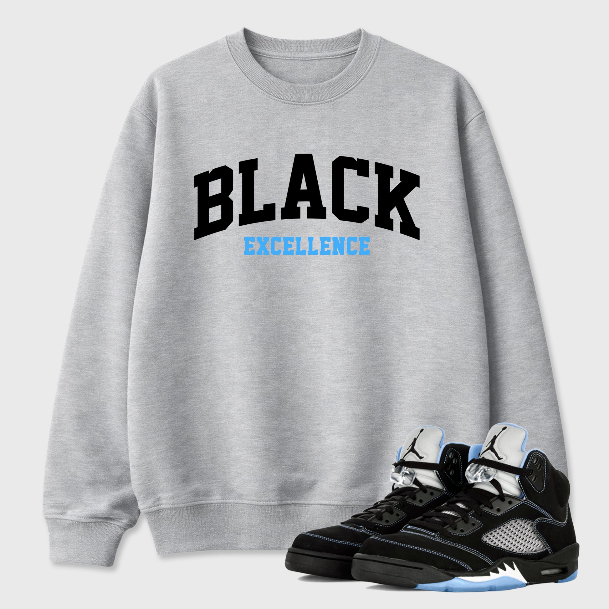 Varsity Black Excellence Graphic T-Shirt sneaker match tee designed for the Air Jordan 5 Black University Blue, featuring coordinated color options for a perfect streetwear match. Heather Grey 1 shirt.
