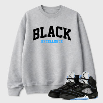 Varsity Black Excellence Graphic T-Shirt sneaker match tee designed for the Air Jordan 5 Black University Blue, featuring coordinated color options for a perfect streetwear match. Heather Grey 1 shirt.
