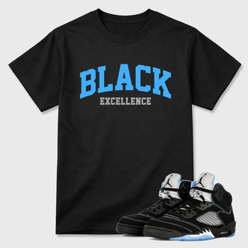Varsity Black Excellence Graphic T-Shirt sneaker match tee designed for the Air Jordan 5 Black University Blue, featuring coordinated color options for a perfect streetwear match. Black 1 shirt.