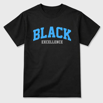Varsity Black Excellence Graphic T-Shirt sneaker match tee designed for the Air Jordan 5 Black University Blue, featuring coordinated color options for a perfect streetwear match. Black 2 shirt.