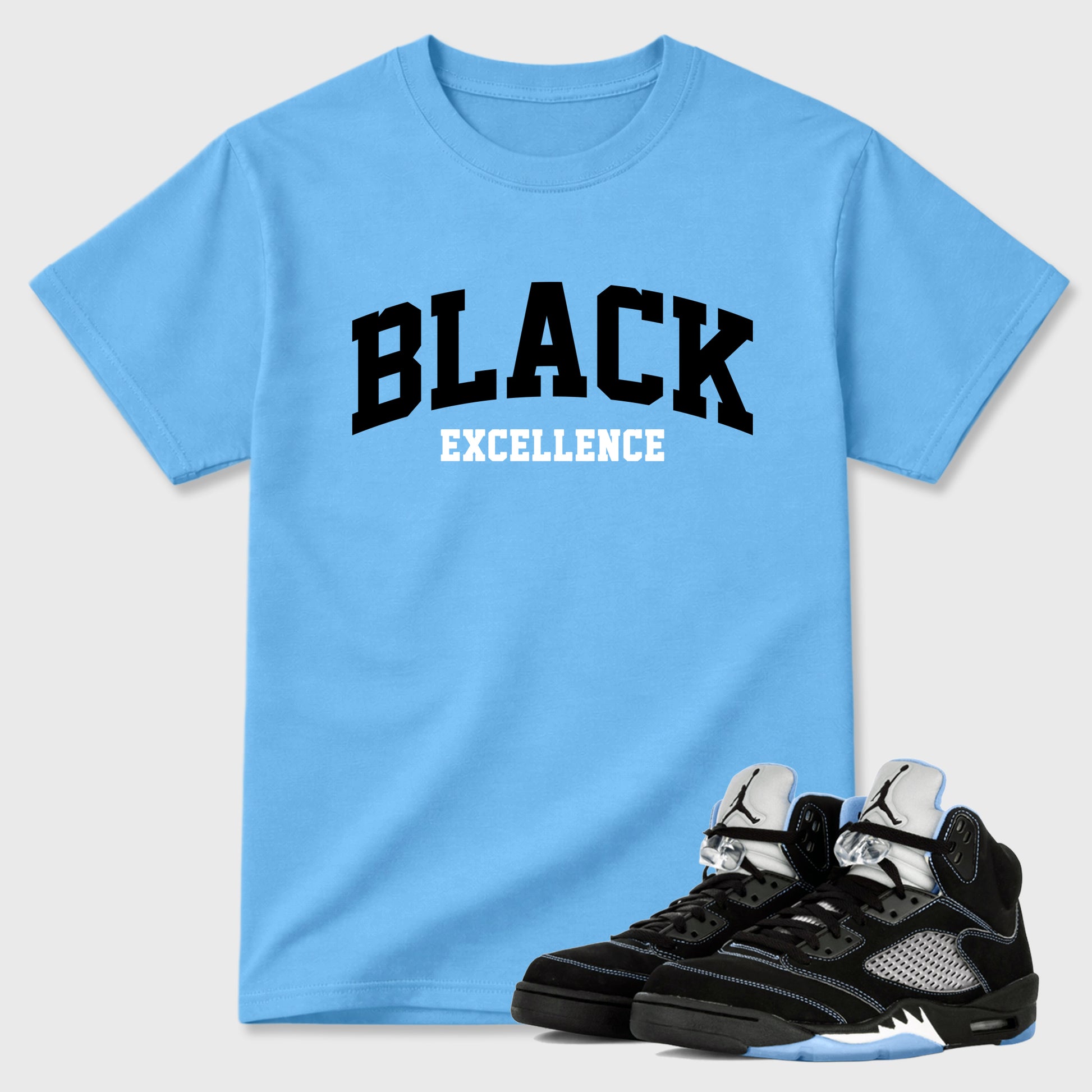 Varsity Black Excellence Graphic T-Shirt sneaker match tee designed for the Air Jordan 5 Black University Blue, featuring coordinated color options for a perfect streetwear match. Carolina Blue 1 shirt.