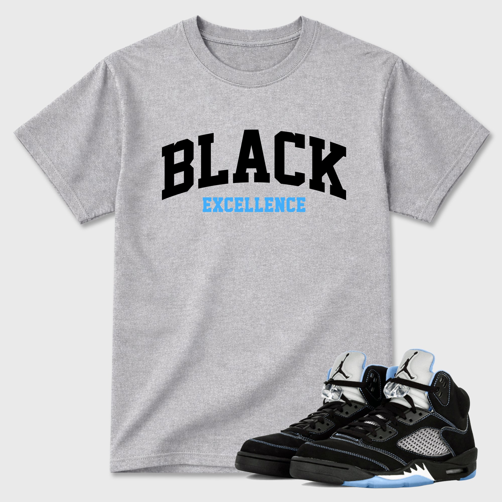 Varsity Black Excellence Graphic T-Shirt sneaker match tee designed for the Air Jordan 5 Black Carolina, featuring coordinated color options for a perfect streetwear match. Heather Grey 1 shirt.