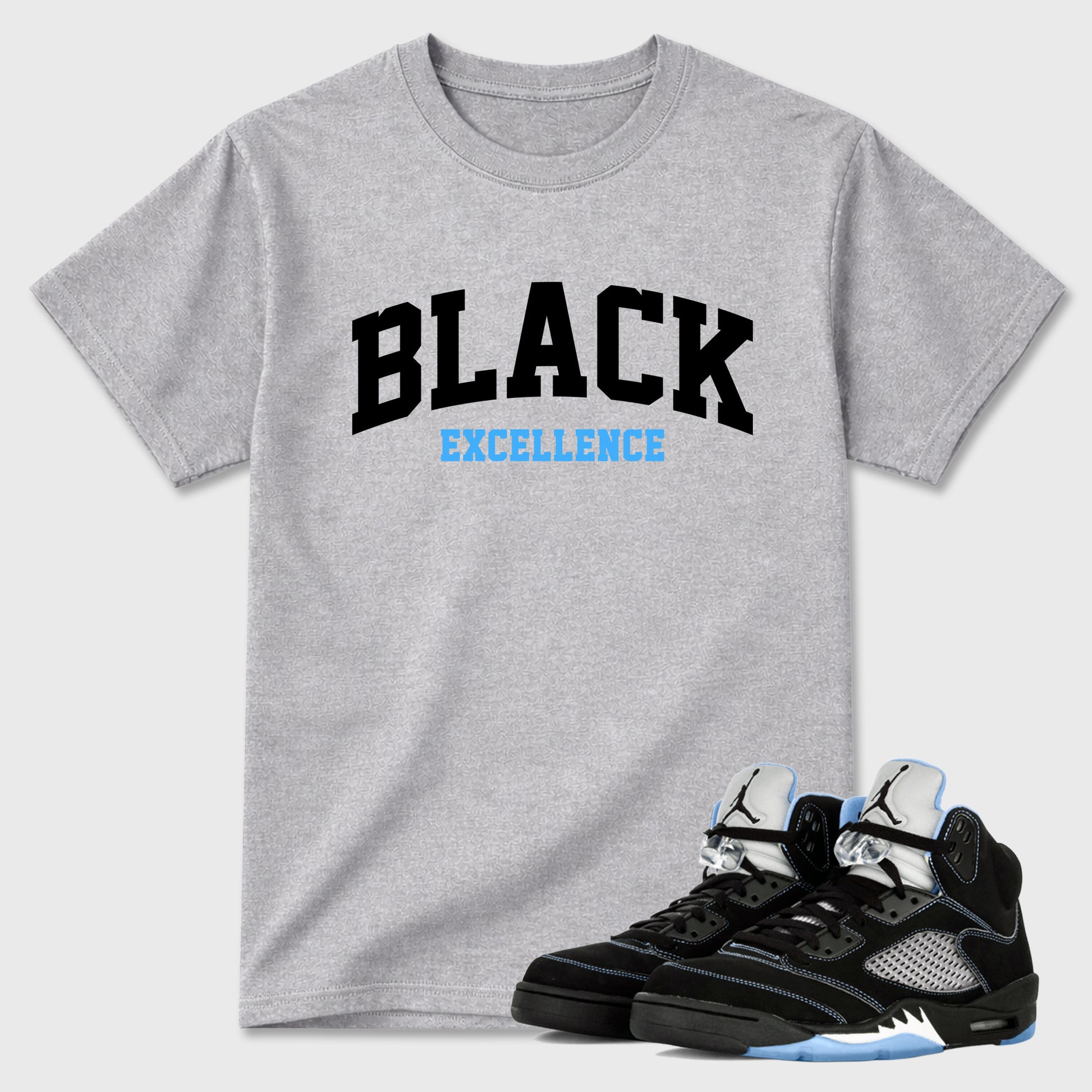 Varsity Black Excellence Graphic T-Shirt sneaker match tee designed for the Air Jordan 5 Black University Blue, featuring coordinated color options for a perfect streetwear match. Heather Grey 1 shirt.