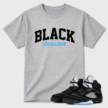 Varsity Black Excellence Graphic T-Shirt sneaker match tee designed for the Air Jordan 5 Black University Blue, featuring coordinated color options for a perfect streetwear match. Heather Grey 1 shirt.