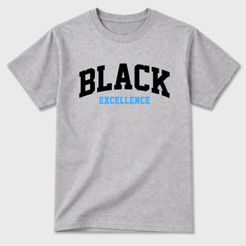 Varsity Black Excellence Graphic T-Shirt sneaker match tee designed for the Air Jordan 5 Black University Blue, featuring coordinated color options for a perfect streetwear match. Heather Grey 2 shirt.