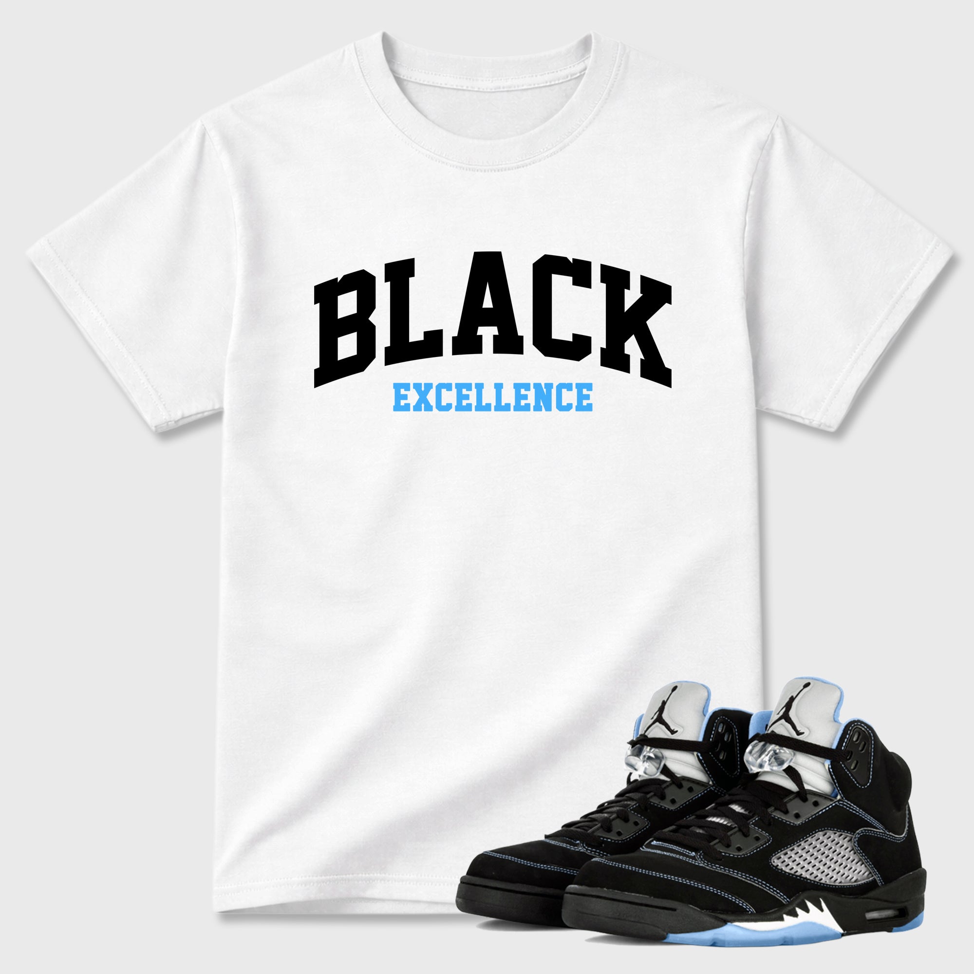 Varsity Black Excellence Graphic T-Shirt sneaker match tee designed for the Air Jordan 5 Black Carolina, featuring coordinated color options for a perfect streetwear match. White 1 shirt.