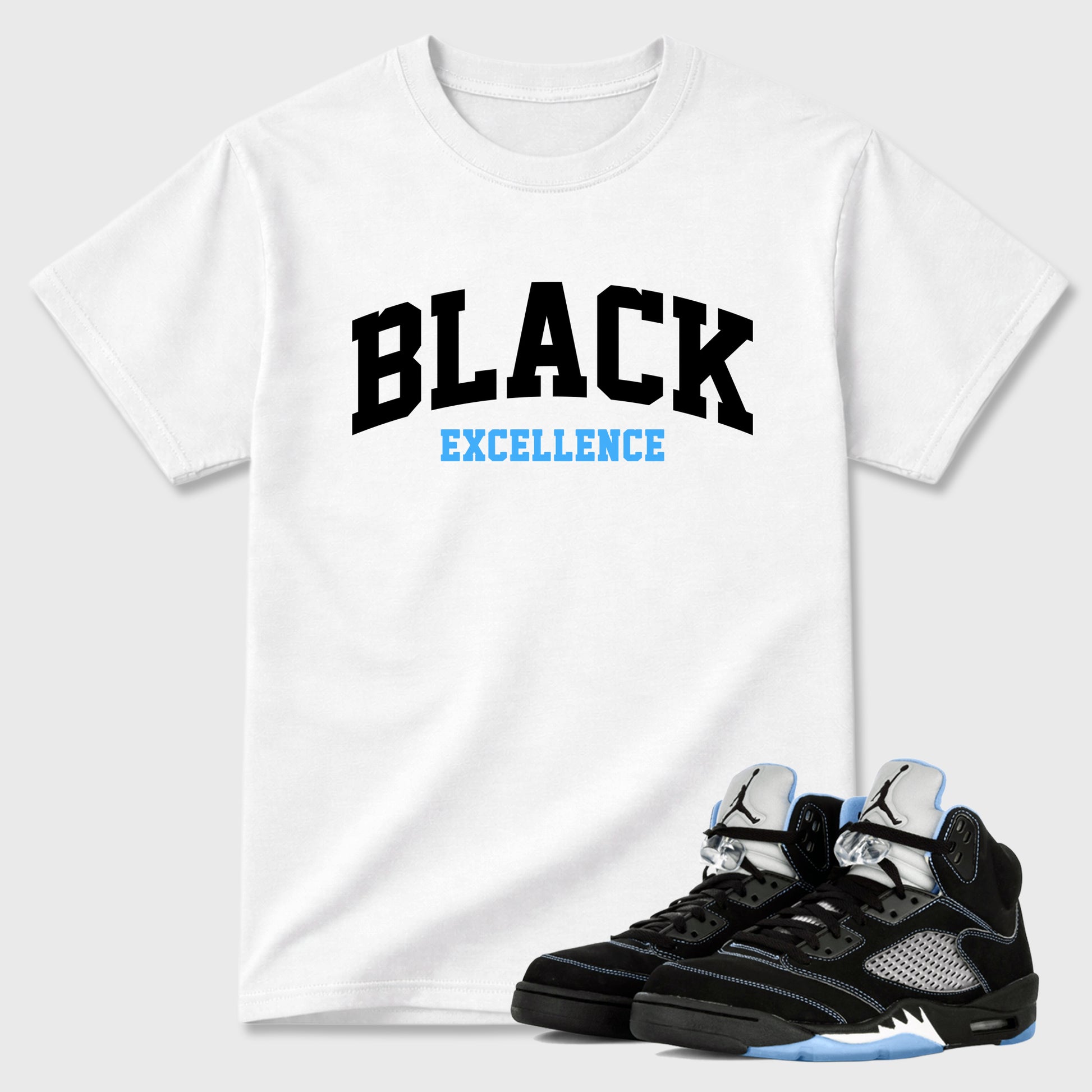 Varsity Black Excellence Graphic T-Shirt sneaker match tee designed for the Air Jordan 5 Black University Blue, featuring coordinated color options for a perfect streetwear match. White 1 shirt.