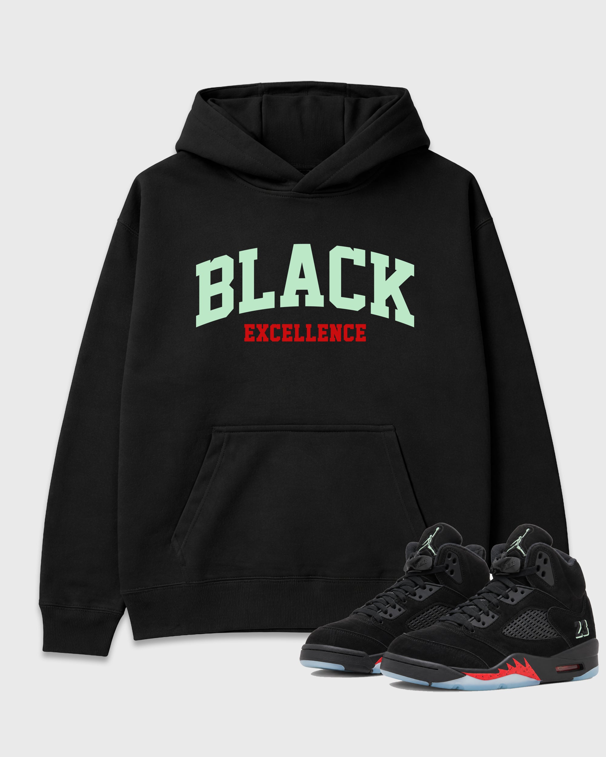 Varsity Black Excellence Graphic T-Shirt featuring original streetwear artwork designed to match the Air Jordan 5 Halloween. Black 1 Graphic Tee.