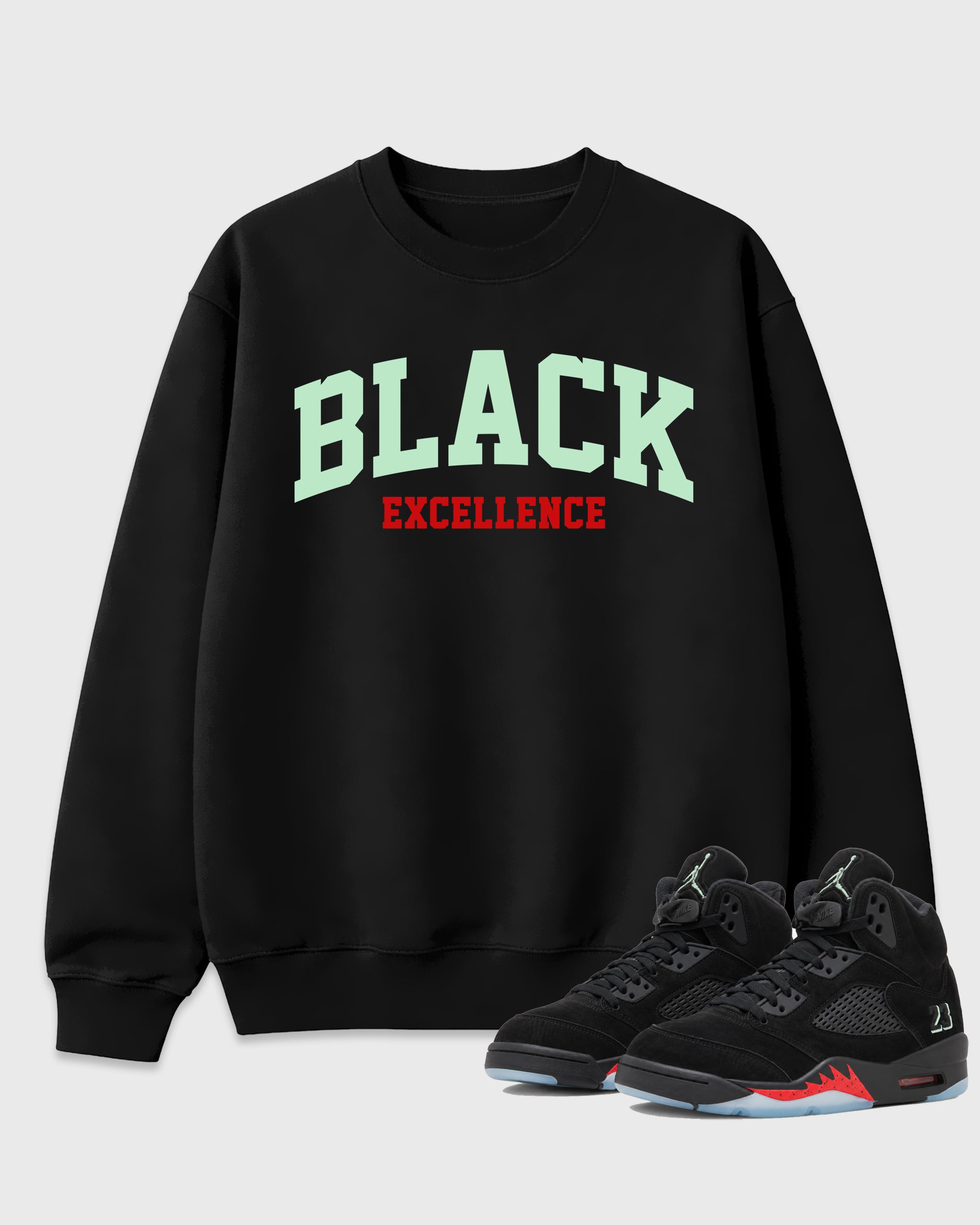 Varsity Black Excellence Graphic T-Shirt featuring original streetwear artwork designed to match the Air Jordan 5 Halloween. Black 1 Graphic Tee.