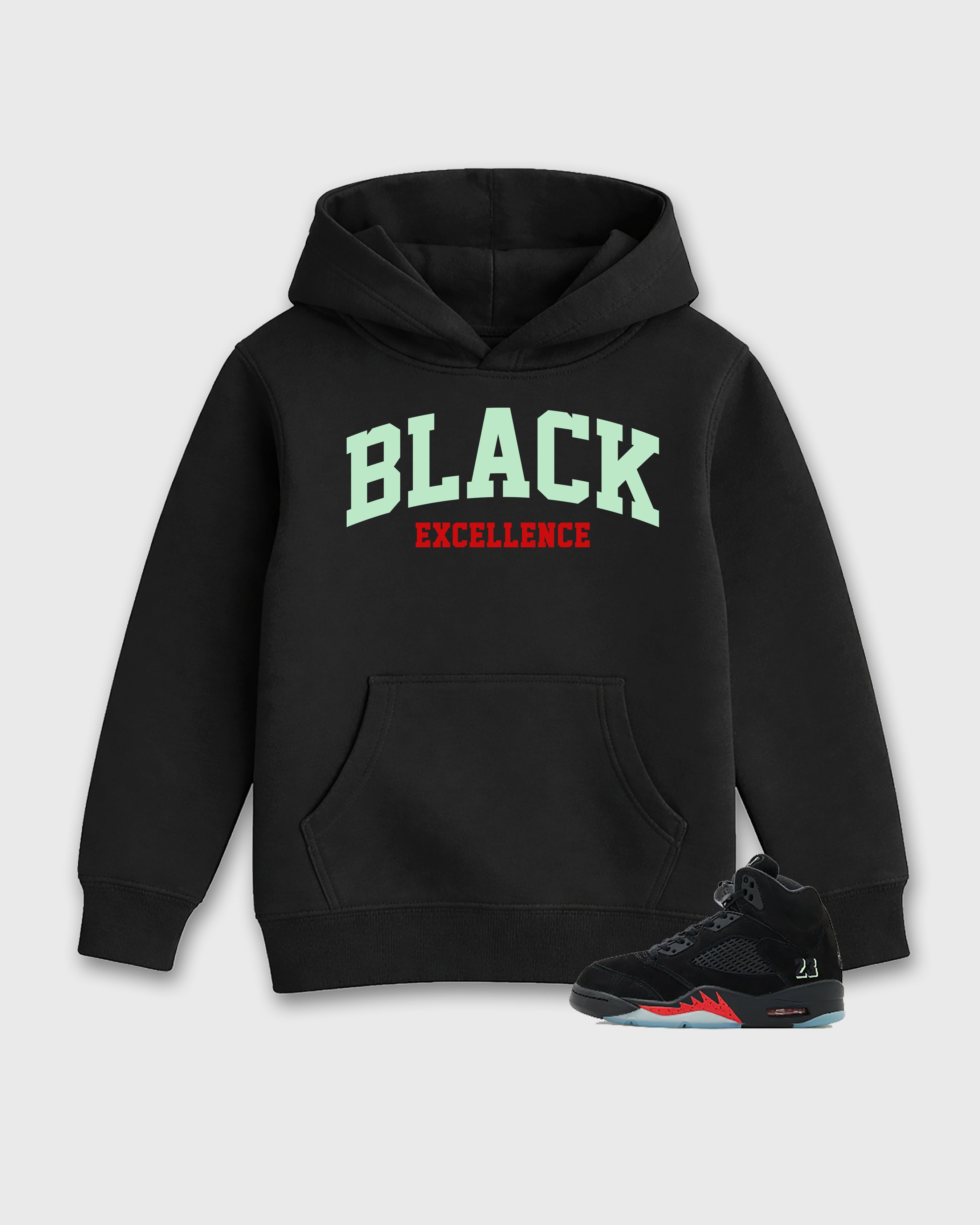 Varsity Black Excellence Baby & Kids Graphic Hoodie featuring original artwork designed to match the Air Jordan 5 Halloween. Black 1 Kids Graphic Sweater.