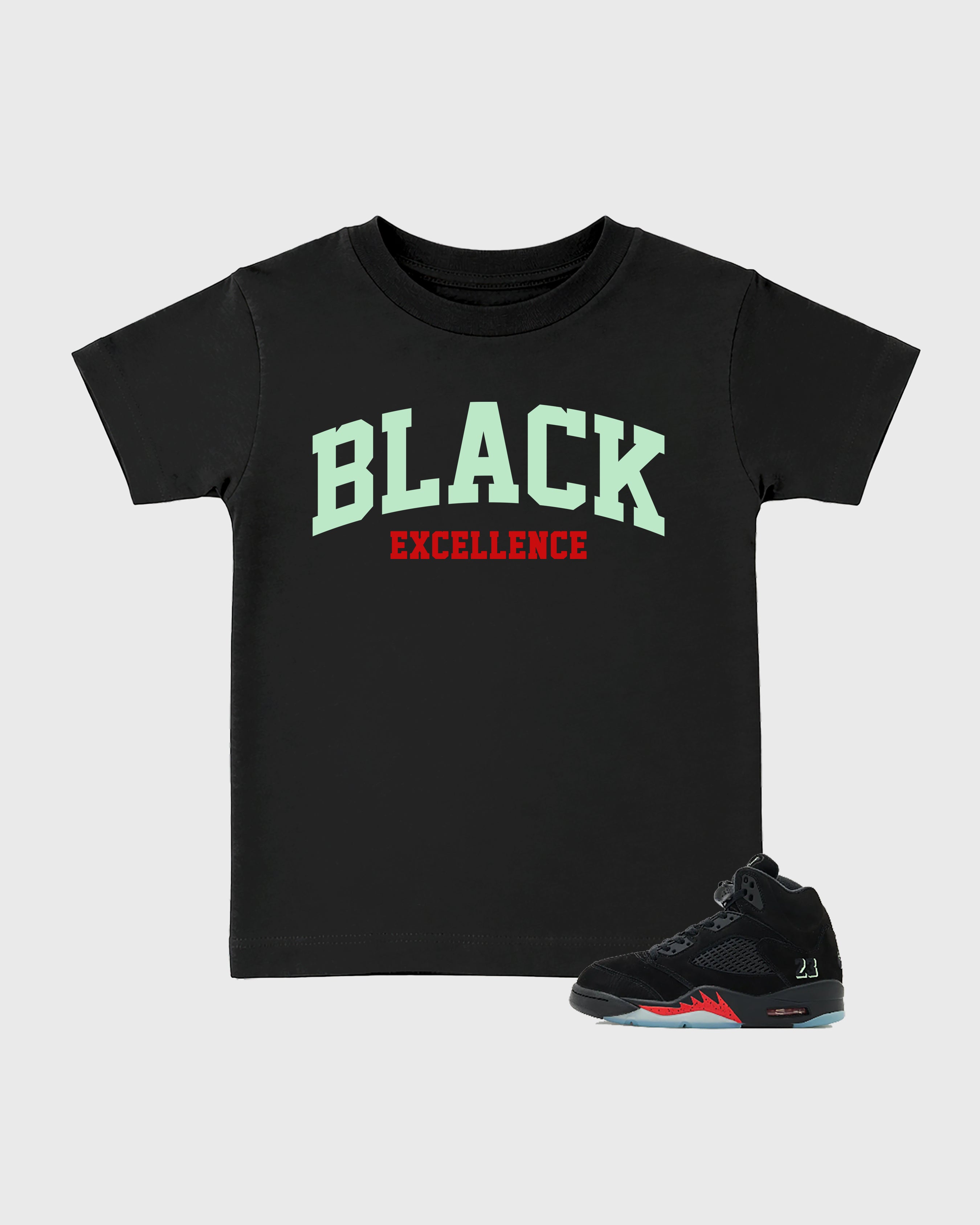 Varsity Black Excellence Baby & Kids Graphic T-Shirt featuring original artwork designed to match the Air Jordan 5 Halloween. Black 1 Kids Graphic Tee.