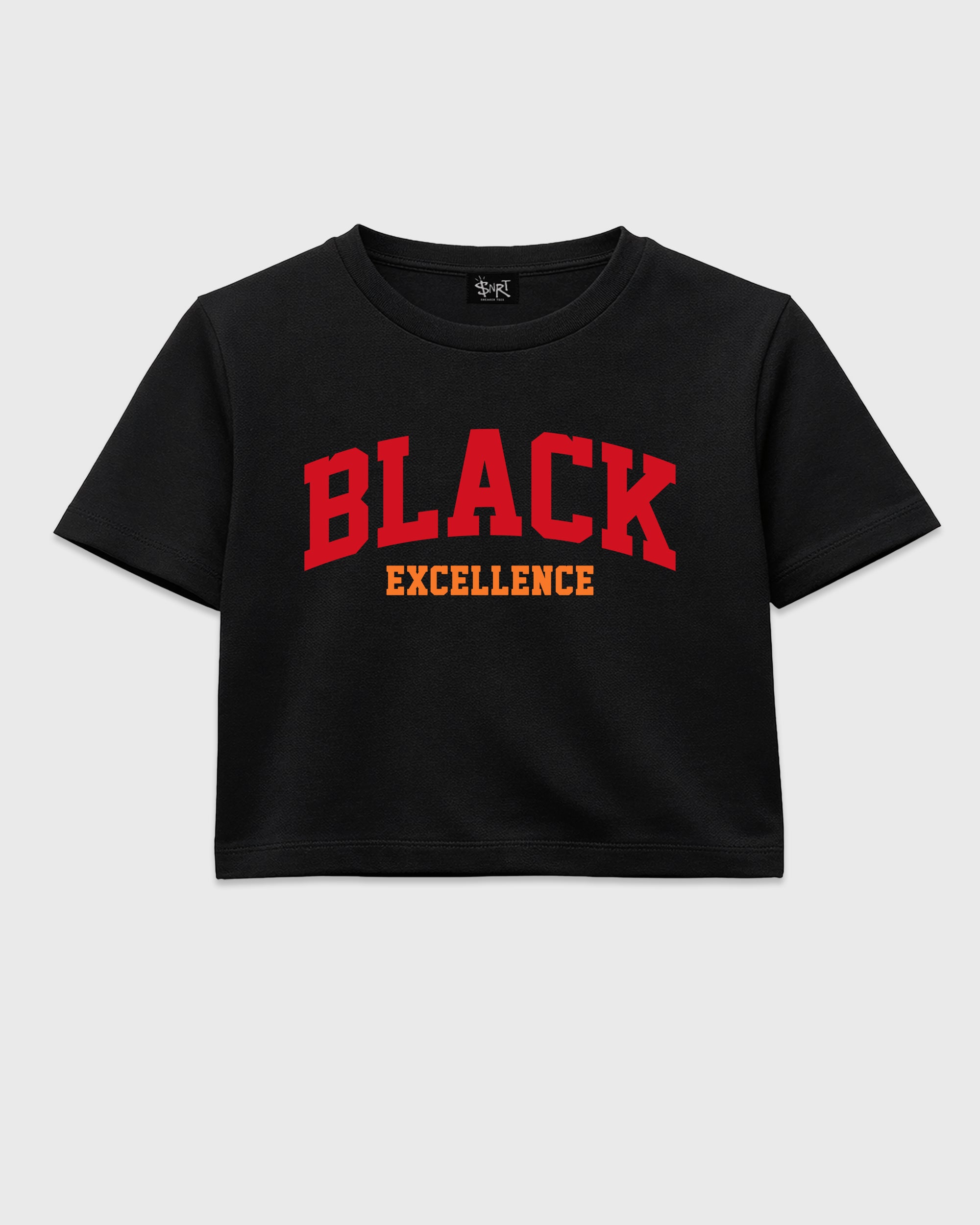 Varsity Black Excellence women’s crop tee designed to match the Air Jordan 5 Sunset, featuring coordinated Black 2 options for a perfect streetwear vibe.