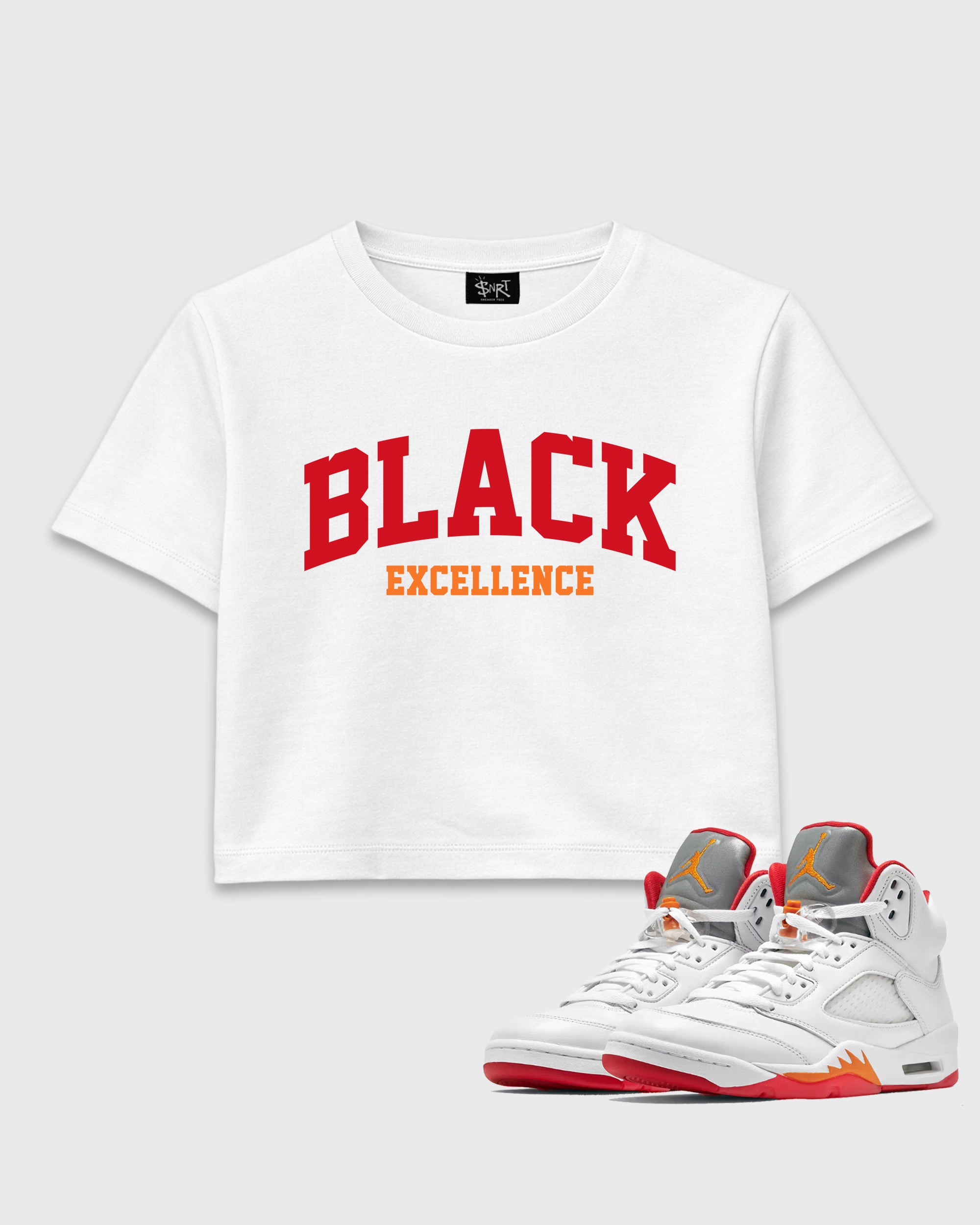 Varsity Black Excellence women’s crop tee designed to match the Air Jordan 5 Sunset, featuring coordinated White 1 options for a perfect streetwear vibe.