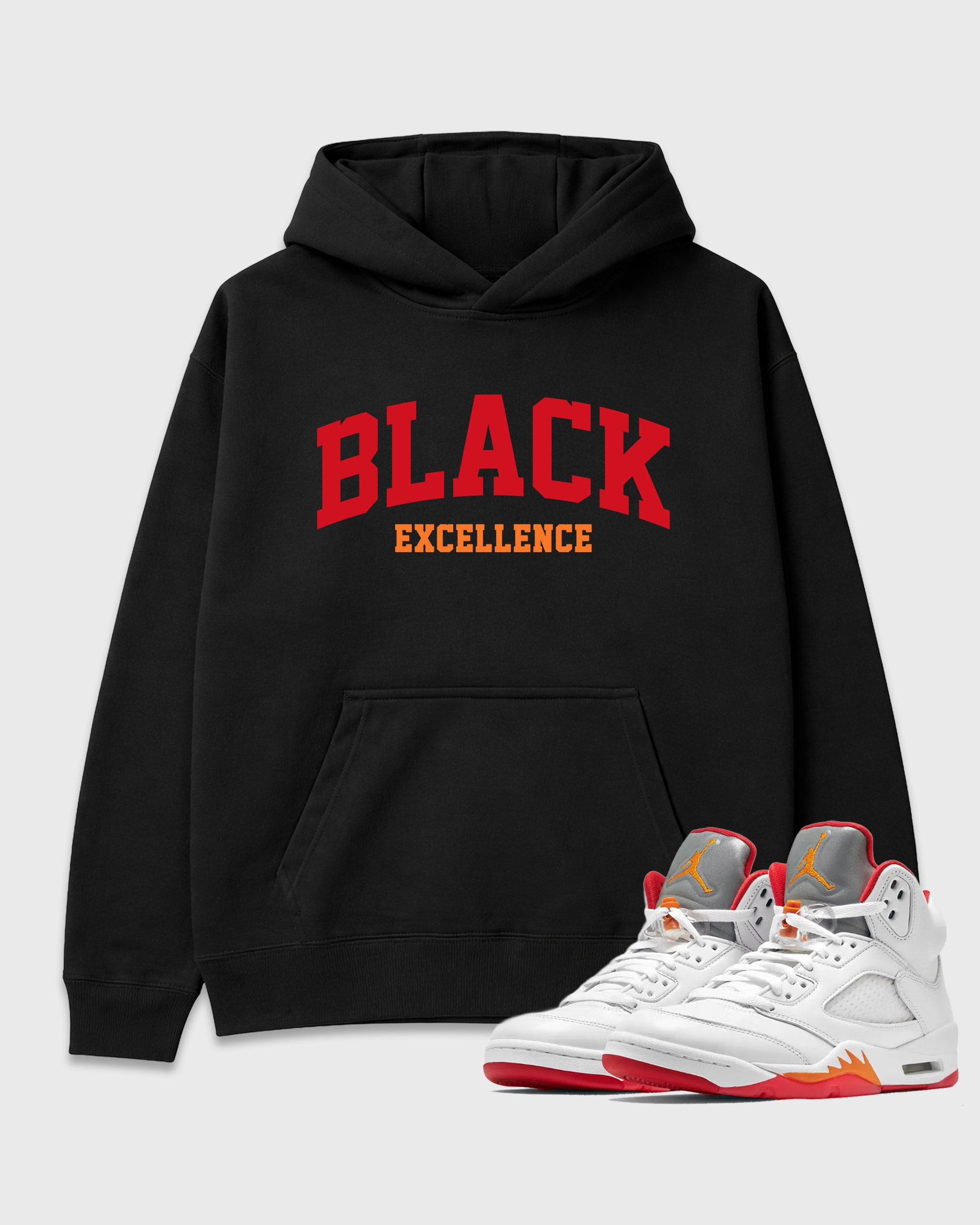 Varsity Black Excellence Graphic T-Shirt featuring original streetwear artwork designed to match the Air Jordan 5 Sunset. Black 1 Graphic Tee.