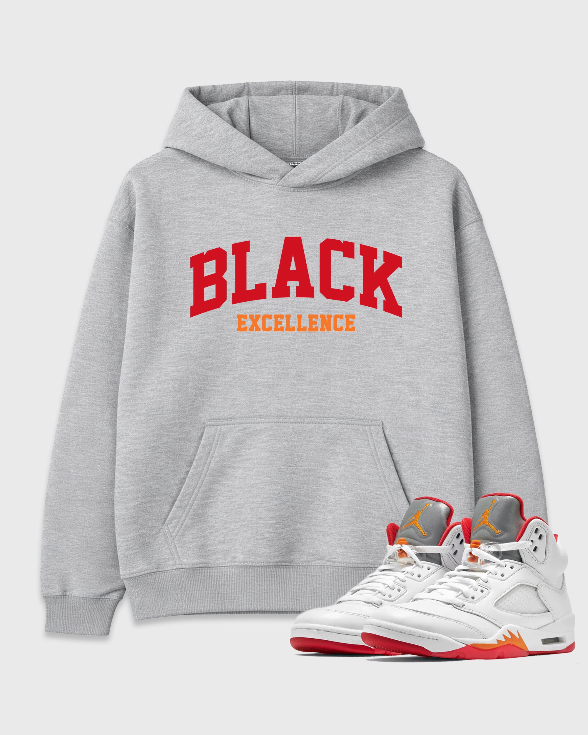 Varsity Black Excellence Graphic T-Shirt featuring original streetwear artwork designed to match the Air Jordan 5 Sunset. Heather Grey 1 Graphic Tee.