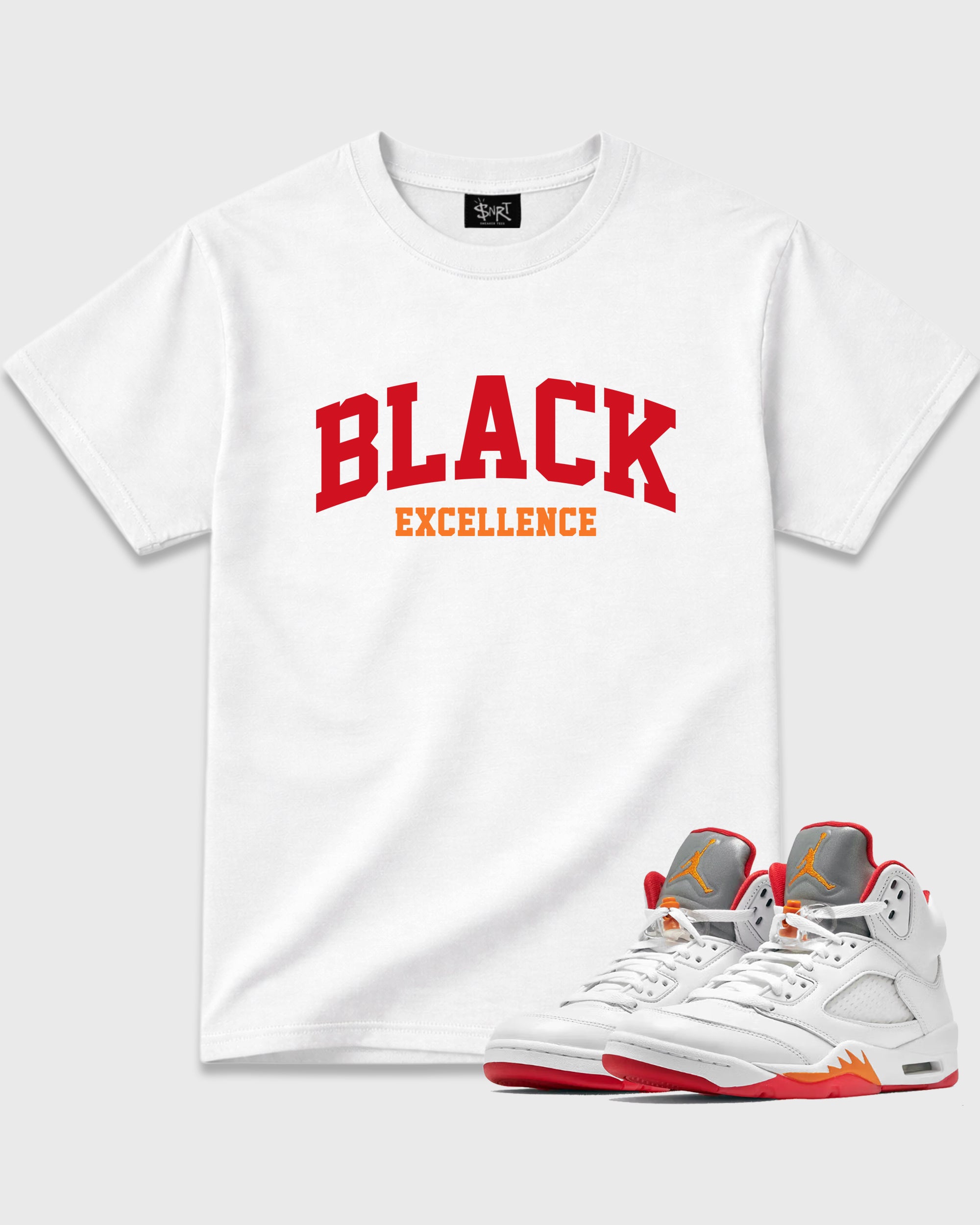 Varsity Black Excellence Graphic T-Shirt featuring original streetwear artwork designed to match the Air Jordan 5 Sunset. White 1 Graphic T-Shirt.