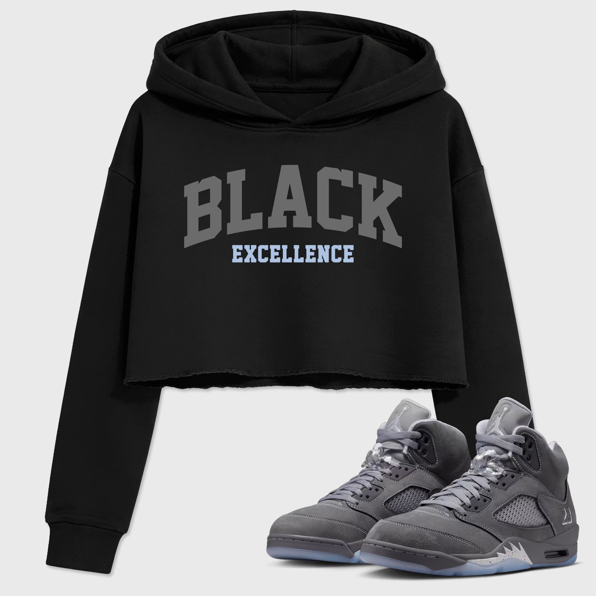 Sneaker match tees – Sneaker Tees To Match Air Jordan 5 Wolf Grey Shoes – Varsity Black Excellence Crop T-Shirt Black 1