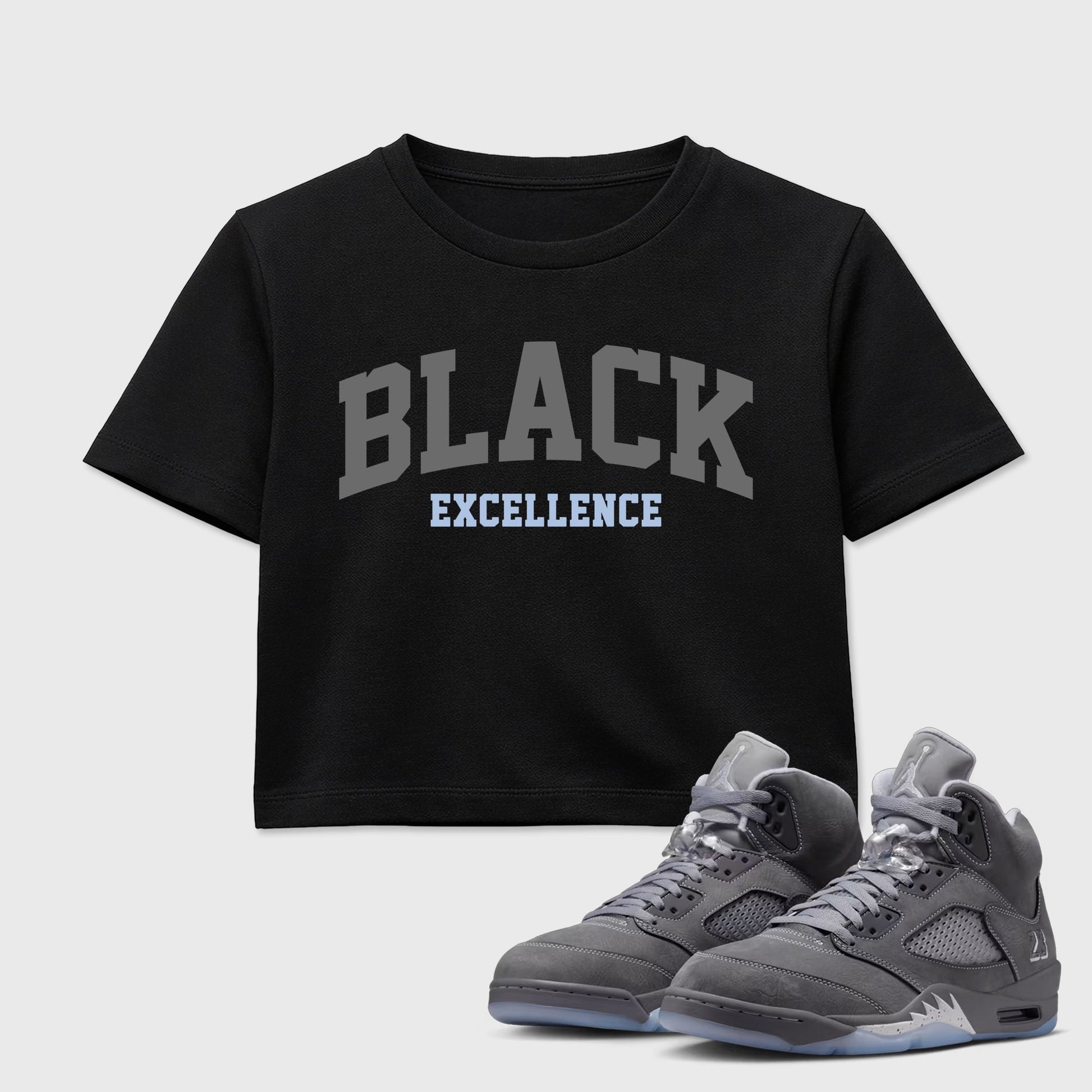Sneaker match tees – Sneaker Tees To Match Air Jordan 5 Wolf Grey Shoes – Varsity Black Excellence Crop T-Shirt Black 1