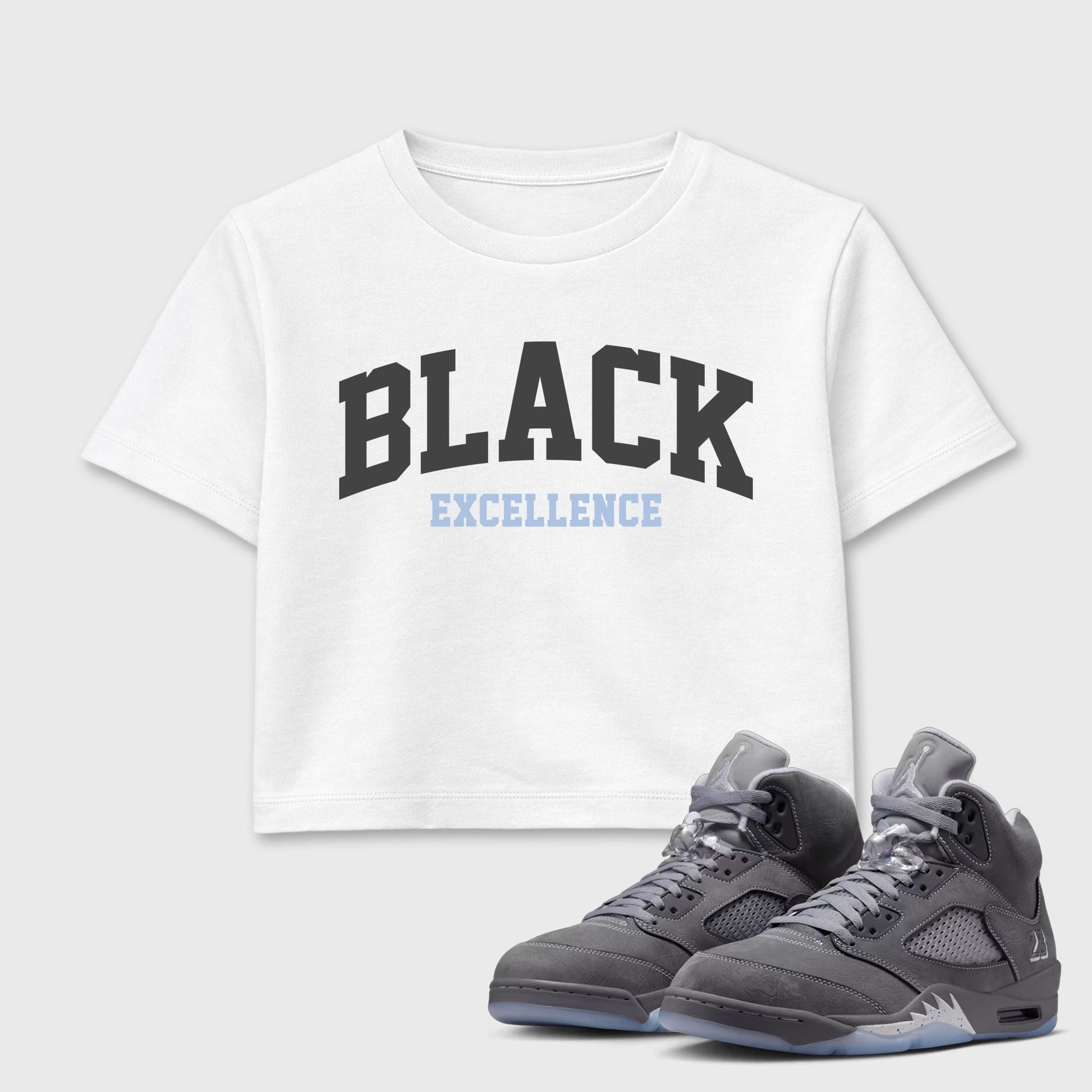 Sneaker match tees – Sneaker Tees To Match Air Jordan 5 Wolf Grey Shoes – Varsity Black Excellence Crop T-Shirt White 1
