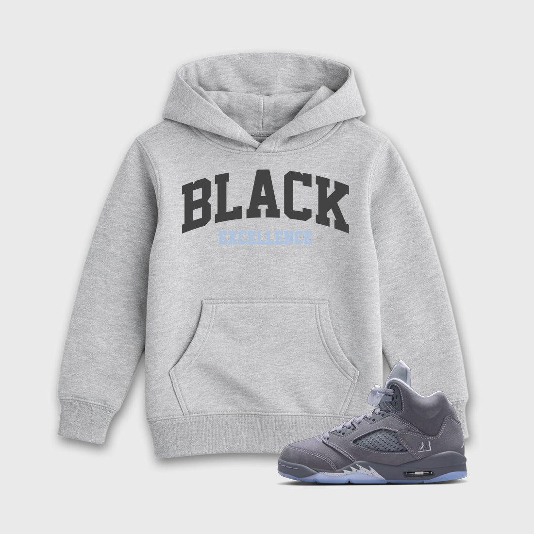 Sneaker match tees – Sneaker Tees To Match Air Jordan 5 Wolf Grey Shoes – Varsity Black Excellence Kids T-Shirt Heather Grey 1