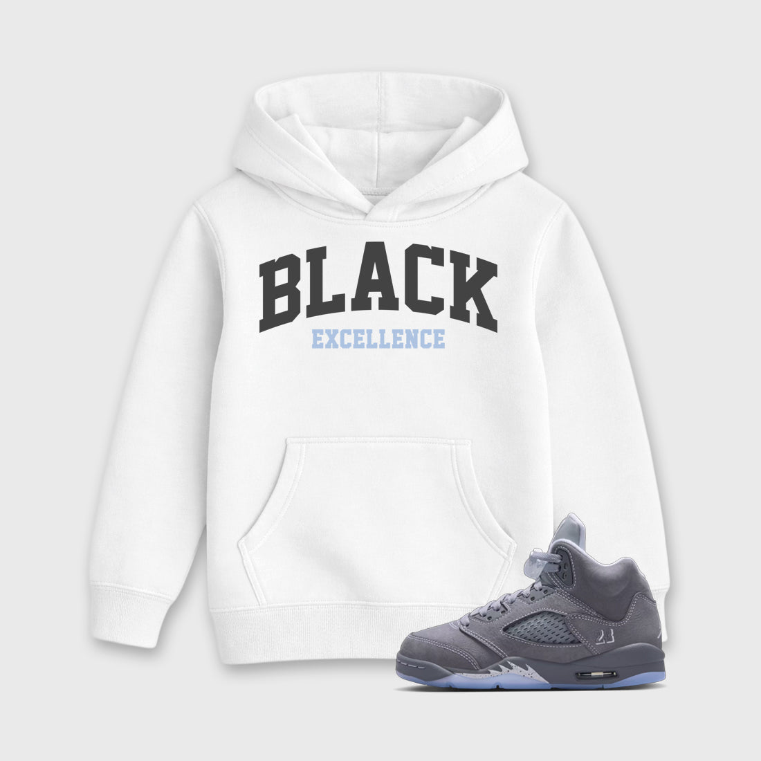 Sneaker match tees – Sneaker Tees To Match Air Jordan 5 Wolf Grey Shoes – Varsity Black Excellence Kids T-Shirt White 1