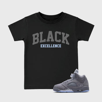 Sneaker match tees – Sneaker Tees To Match Air Jordan 5 Wolf Grey Shoes – Varsity Black Excellence Kids T-Shirt Black 1