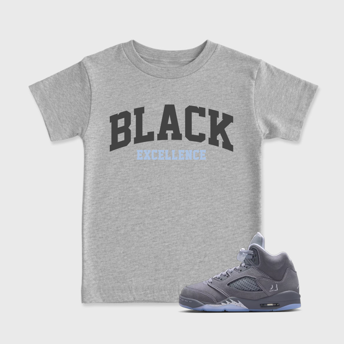 Sneaker match tees – Sneaker Tees To Match Air Jordan 5 Wolf Grey Shoes – Varsity Black Excellence Kids T-Shirt Heather Grey 1