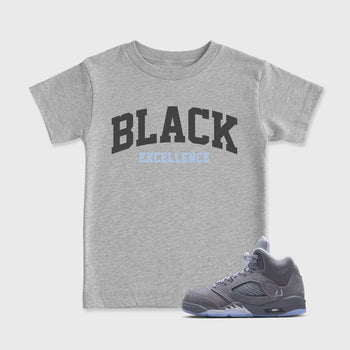Sneaker match tees – Sneaker Tees To Match Air Jordan 5 Wolf Grey Shoes – Varsity Black Excellence Kids T-Shirt Heather Grey 1