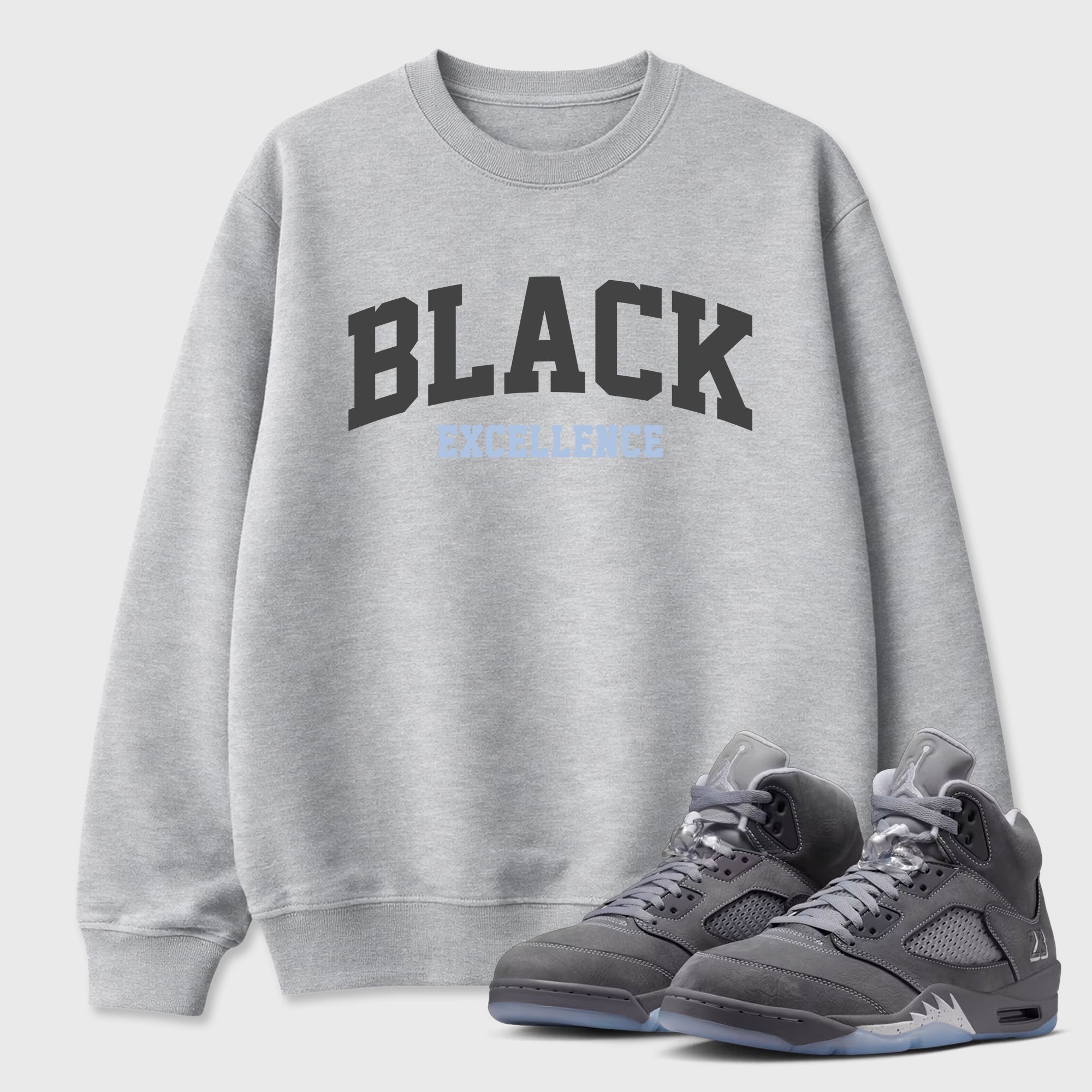Sneaker match tees – Sneaker Tees To Match Air Jordan 5 Wolf Grey Shoes – Varsity Black Excellence Tee Heather Grey 1