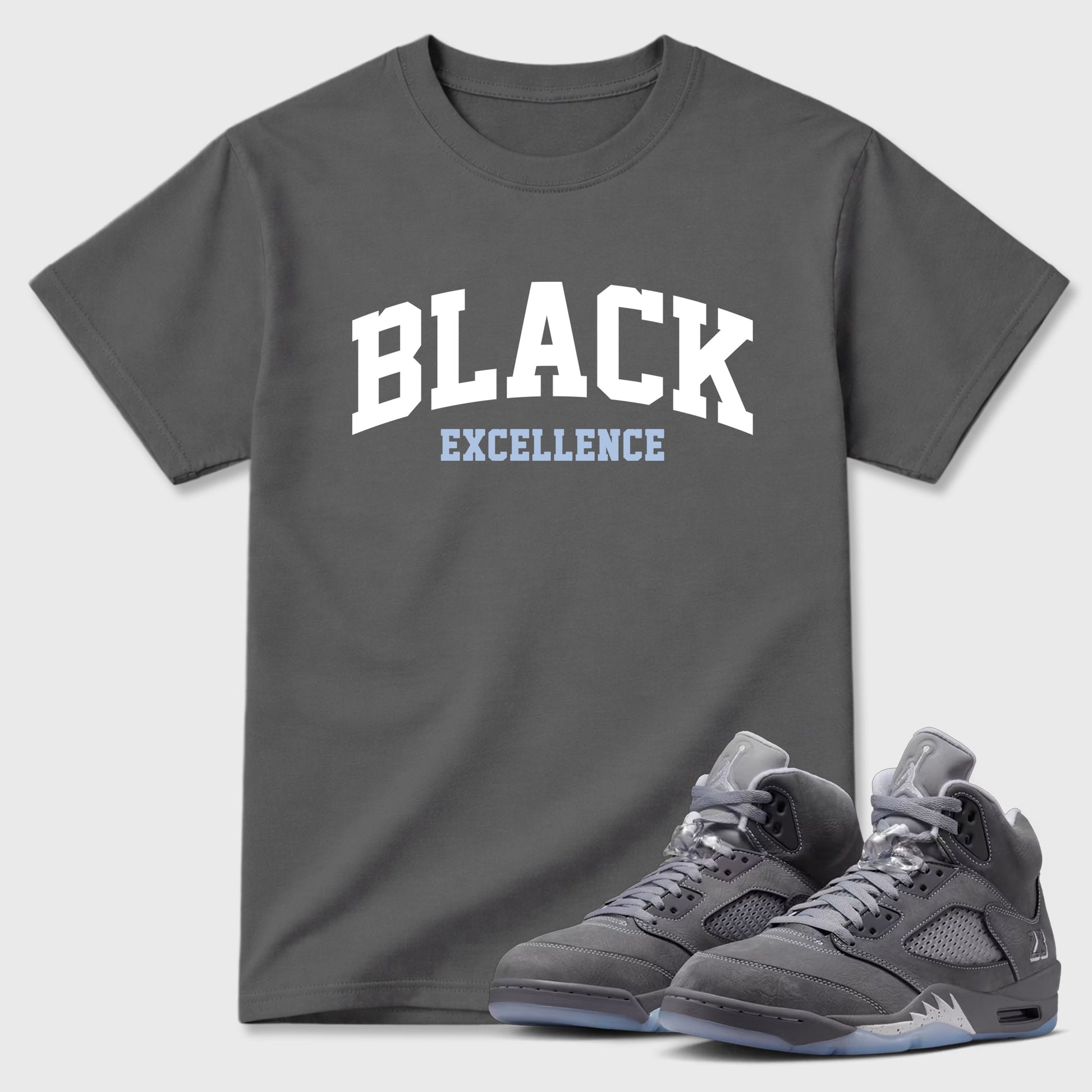 Sneaker match tees – Sneaker Tees To Match Air Jordan 5 Wolf Grey Shoes – Varsity Black Excellence Tee Cool Grey 1