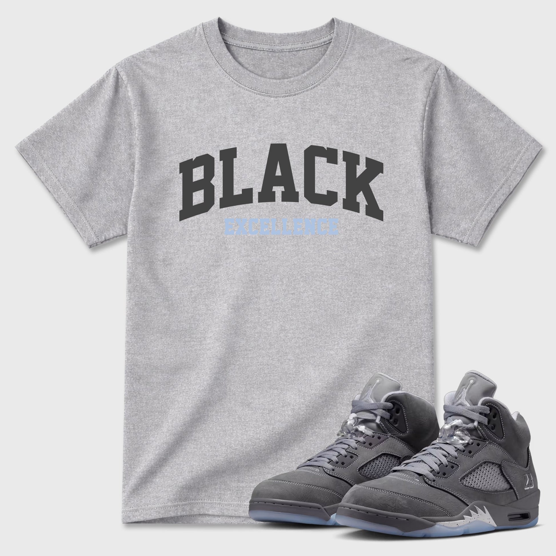 Sneaker match tees – Sneaker Tees To Match Air Jordan 5 Wolf Grey Shoes – Varsity Black Excellence Tee Heather Grey 1