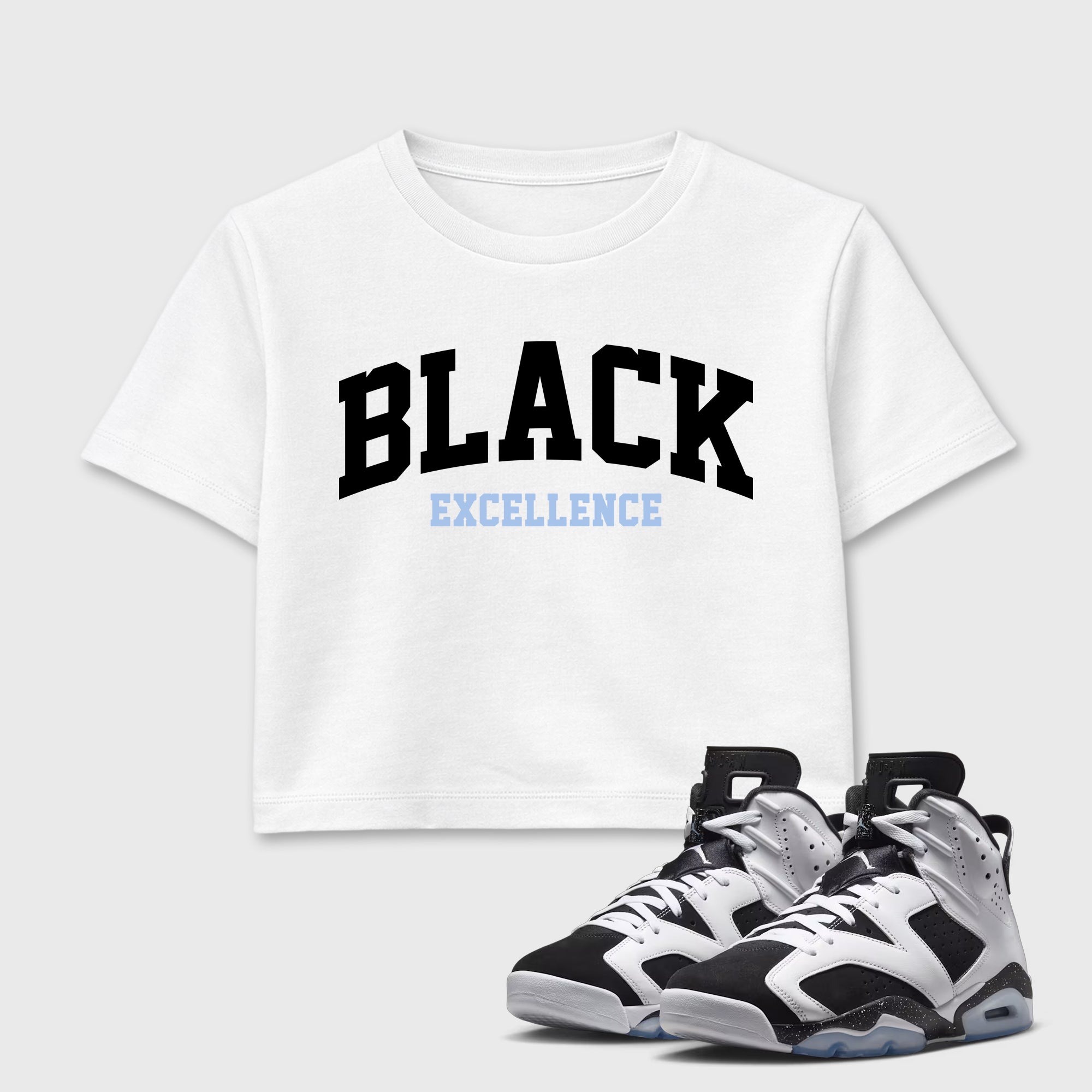 Varsity Black Excellence women’s crop tee designed to match the Air Jordan 6 Black and White, featuring coordinated White 1 options for a perfect streetwear vibe.