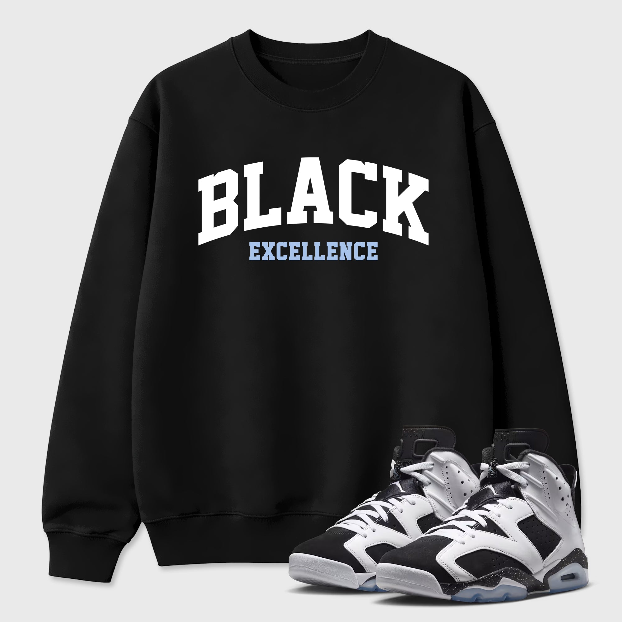 Varsity Black Excellence Graphic T-Shirt featuring original streetwear artwork designed to match the Air Jordan 6 Black and White. Black 1 Graphic Tee.