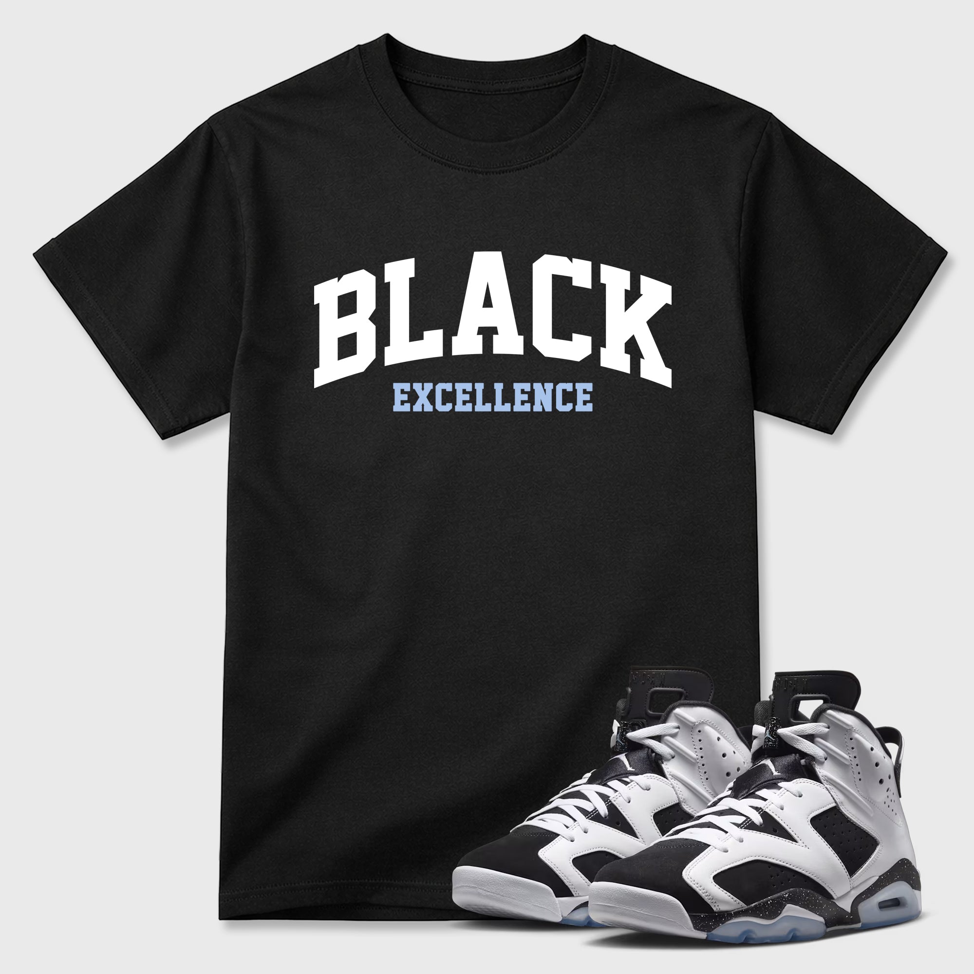 Varsity Black Excellence Graphic T-Shirt featuring original streetwear artwork designed to match the Air Jordan 6 Black and White. Black 1 Graphic T-Shirt.